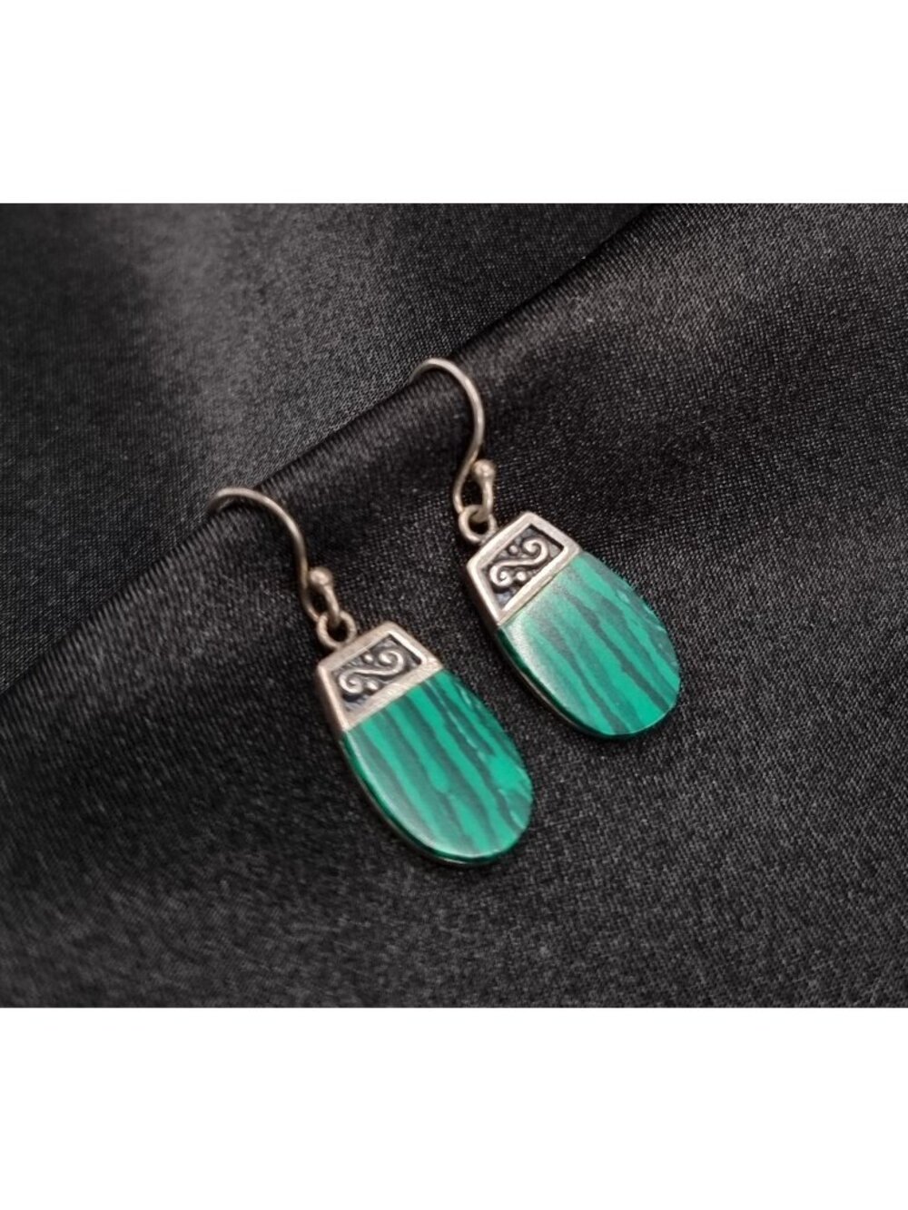 Vintage Early 2000's Malachite 925 Sterling Silver Dangle Earrings